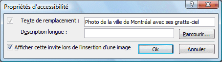 Boite de dialogue pour inscrire le texte alternatif  l'image