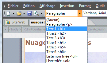 Liste droulante "Style" dans la barre d'outils
